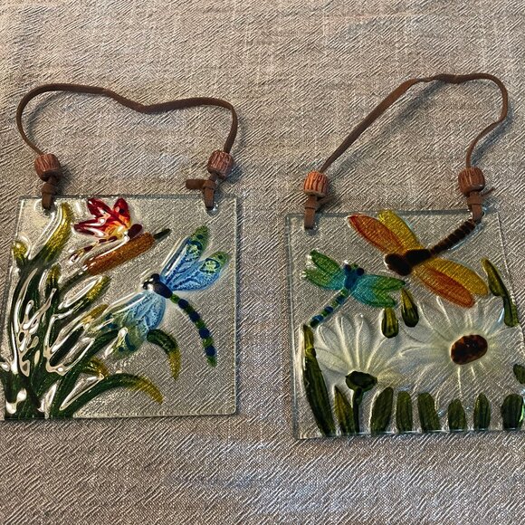 Set of 2 Dragonfly Reverse Painted Fused Art Glass Suncatcher Wall Hanging 4.5"! - Picture 1 of 4
